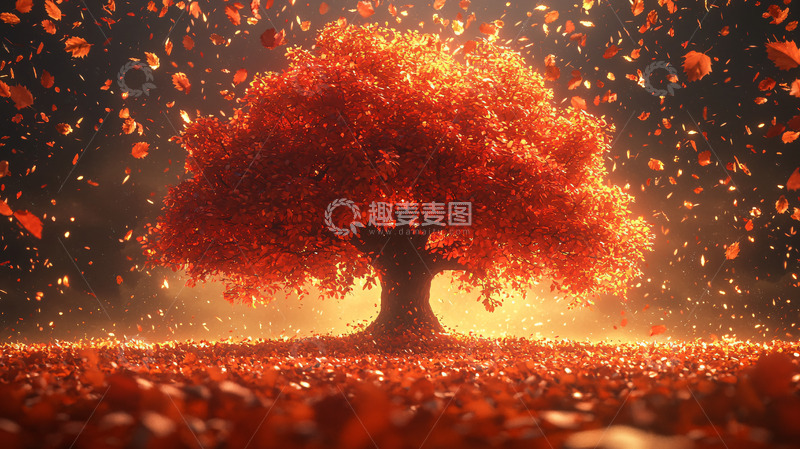高清大图下载【趣麦麦图】秋日火红大树落叶纷飞