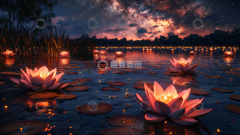 高清大图下载【趣麦麦图】湖面上的莲花灯