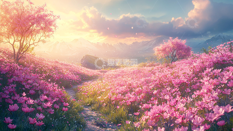 高清大图下载【趣麦麦图】粉色花海的梦幻田园风光