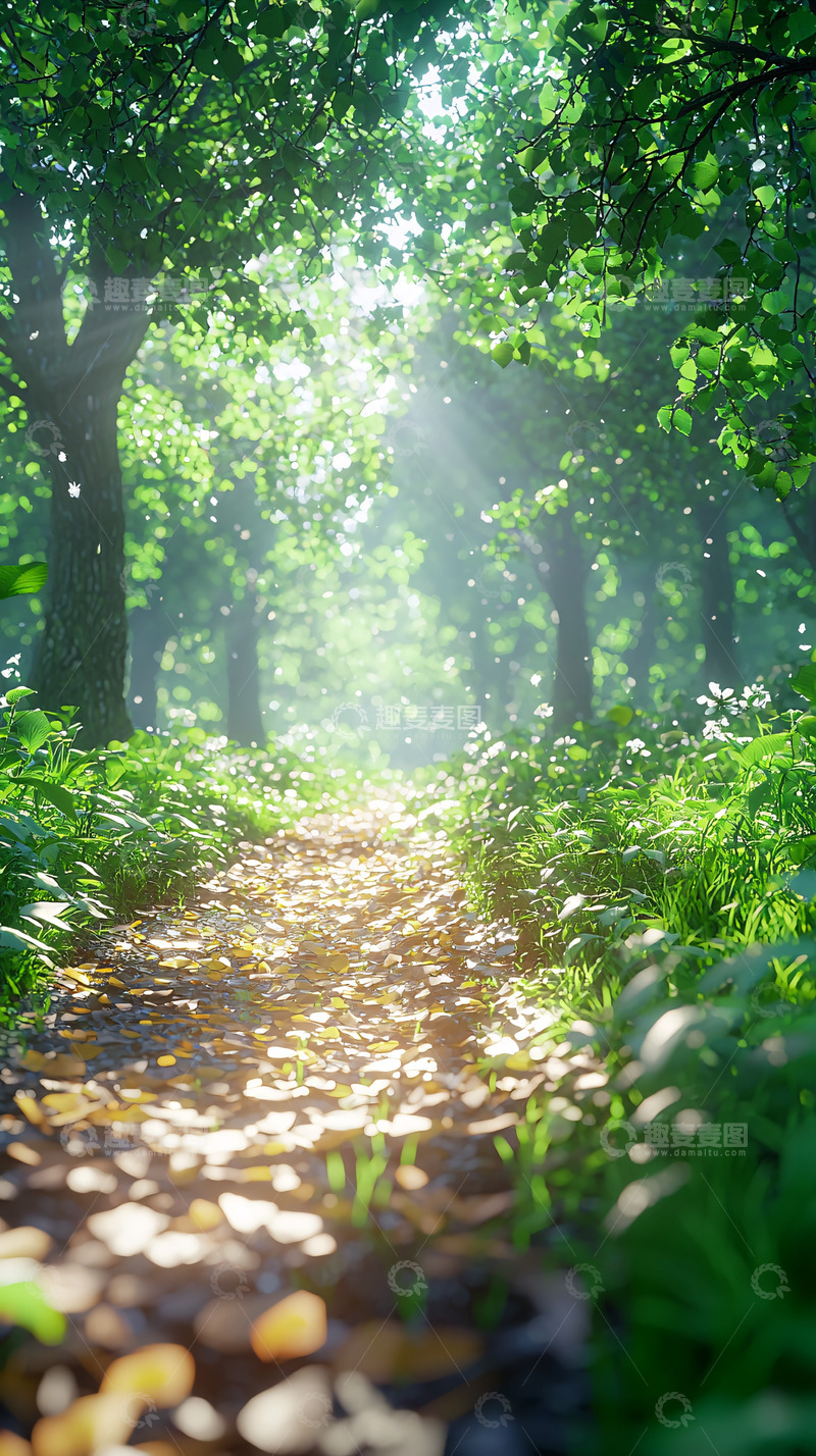 高清大图下载【趣麦麦图】阳光穿过树林的宁静小路