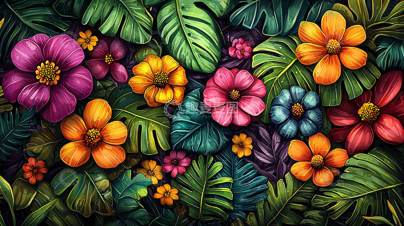 高清大图下载【趣麦麦图】色彩鲜艳花卉与绿叶背景