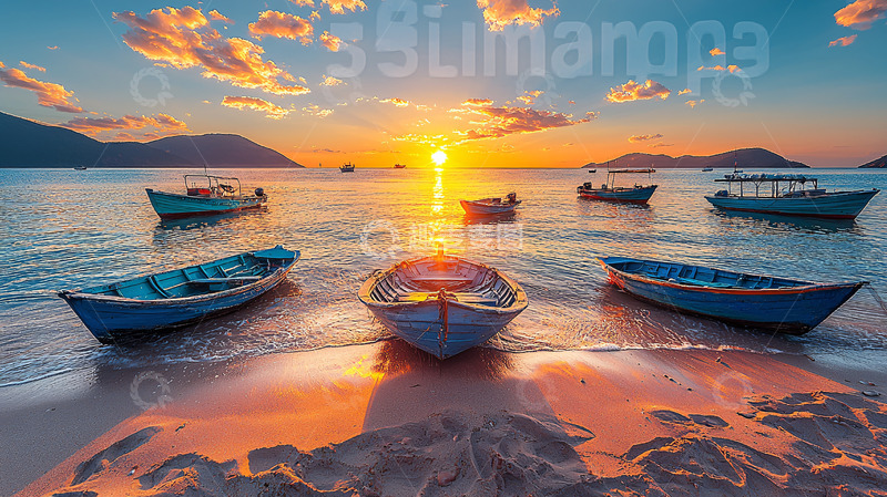 高清大图下载【趣麦麦图】海边日落小船停靠