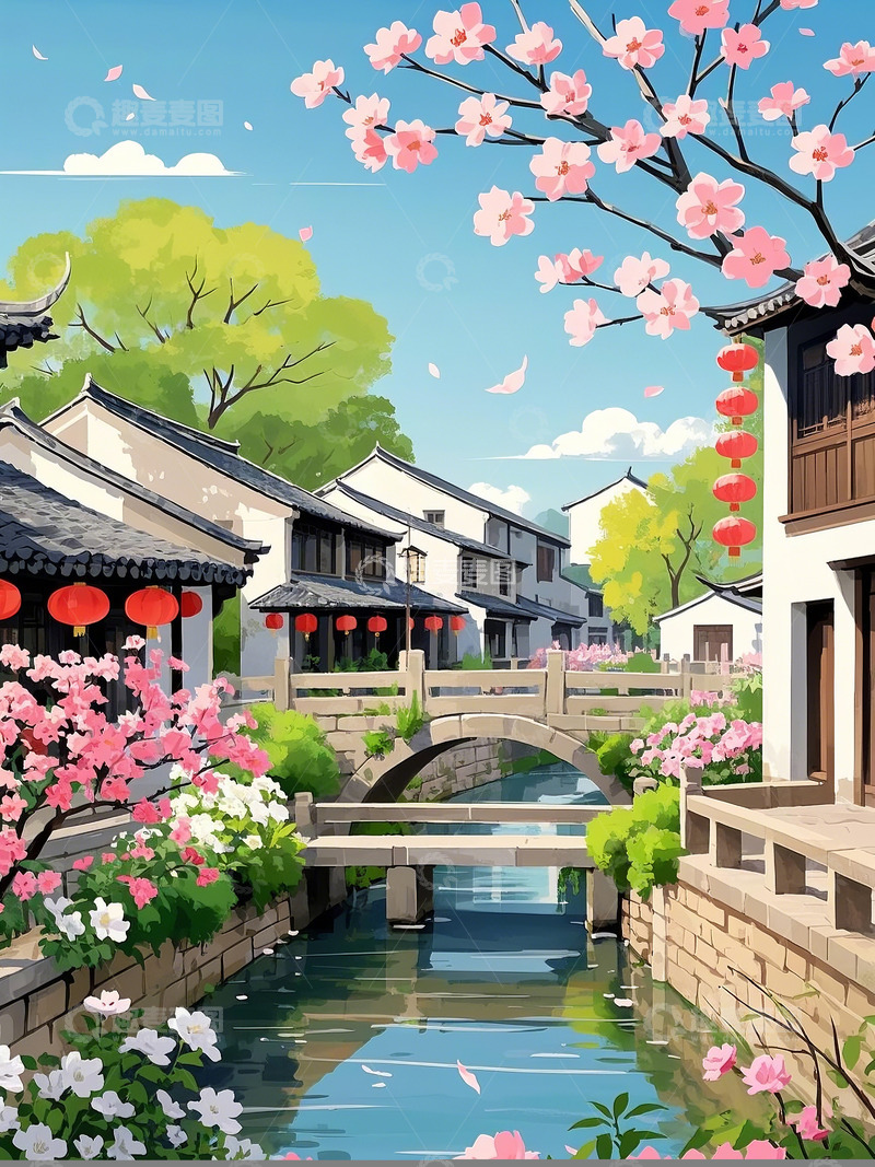 无锡惠山古镇春日插画
