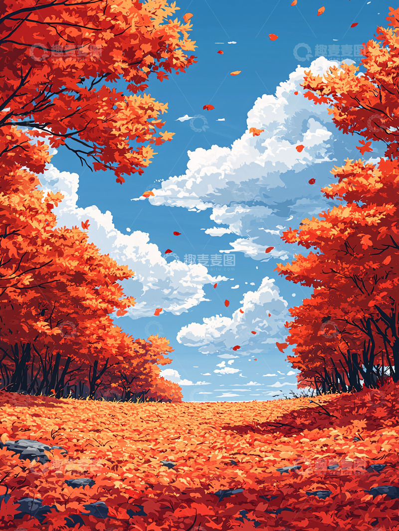 高清大图下载【趣麦麦图】秋季橘色树林蓝天
