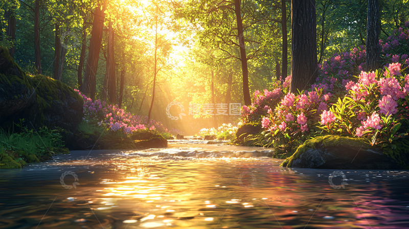 高清大图下载【趣麦麦图】阳光照耀下的森林溪流