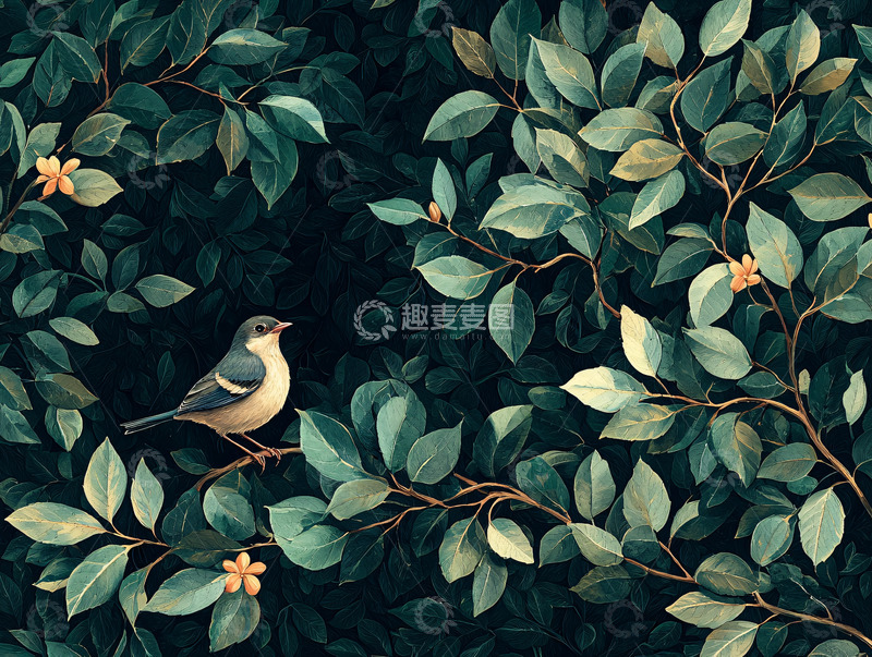 高清大图下载【趣麦麦图】树叶中的小鸟