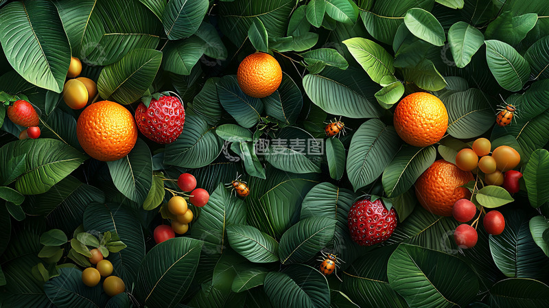 高清大图下载【趣麦麦图】水果和绿叶的清新背景