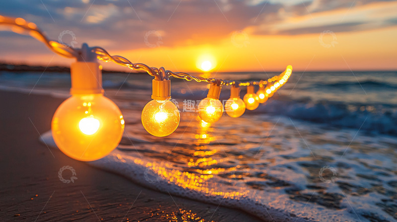 高清大图下载【趣麦麦图】沙滩灯串日落美景