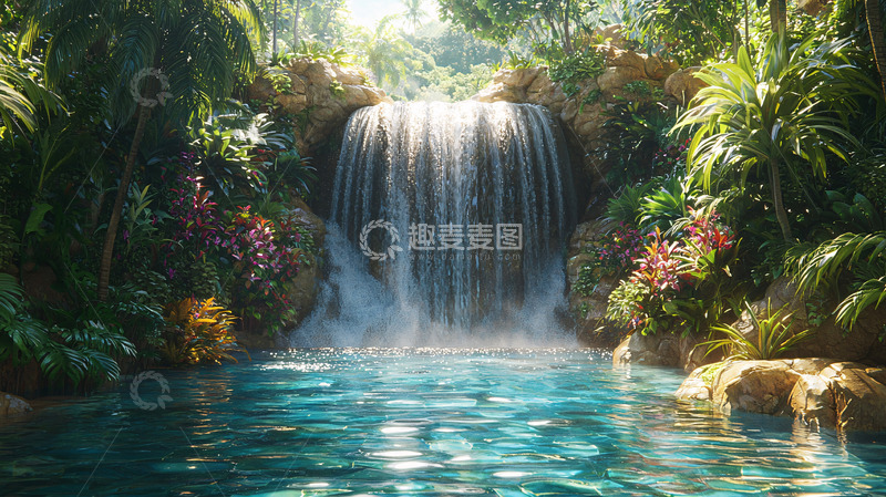 高清大图下载【趣麦麦图】热带雨林中的瀑布美景