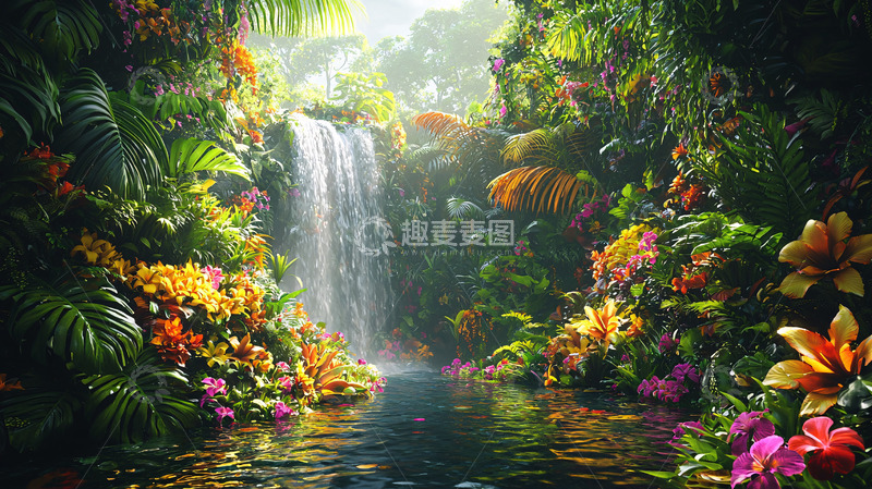 高清大图下载【趣麦麦图】热带雨林中的瀑布