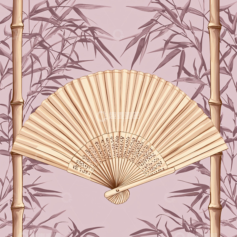 高清大图下载【趣麦麦图】折扇竹林淡紫色背景