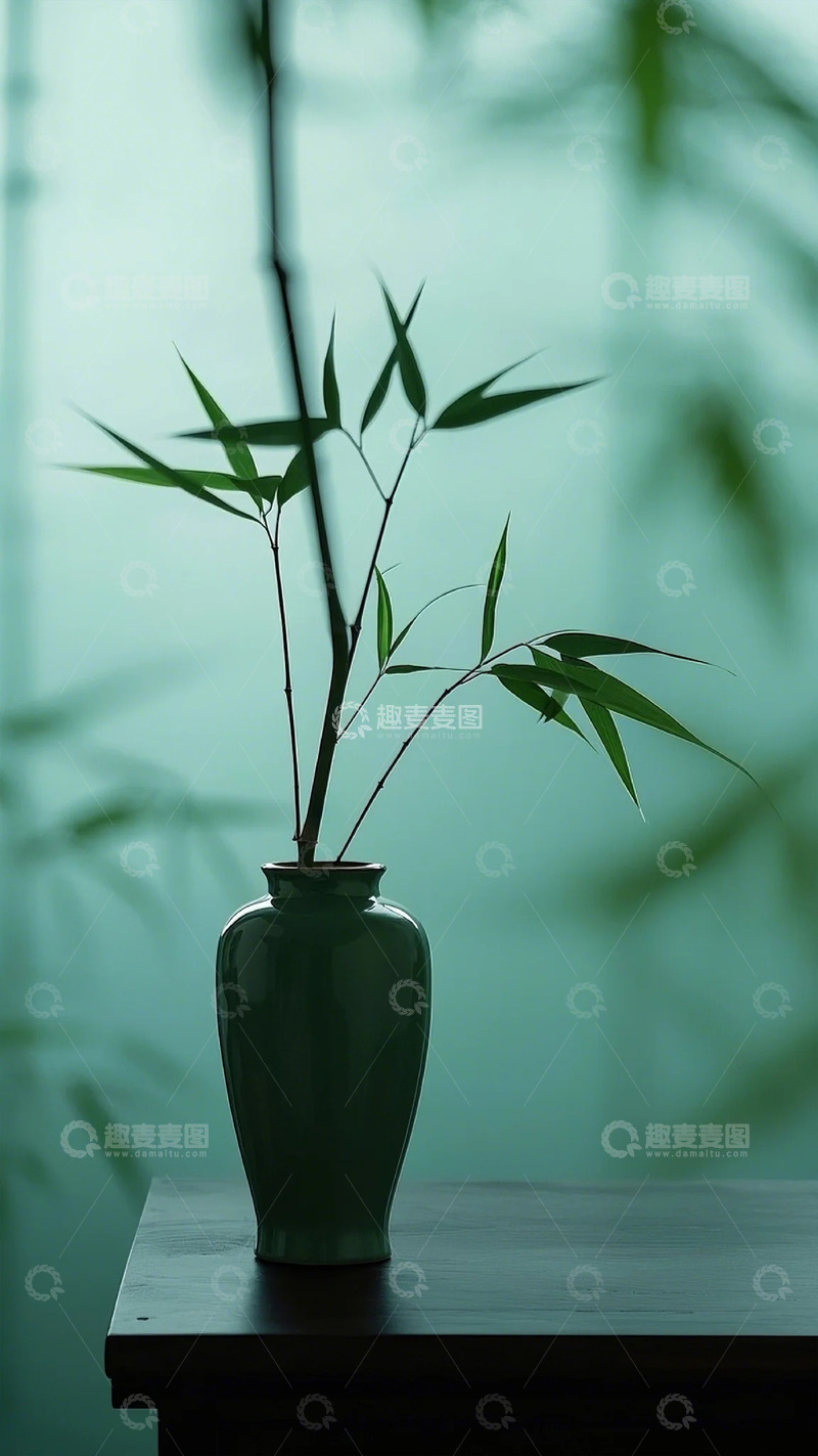 高清大图下载【趣麦麦图】竹枝竹叶陶瓷罐青冷调窗摄影