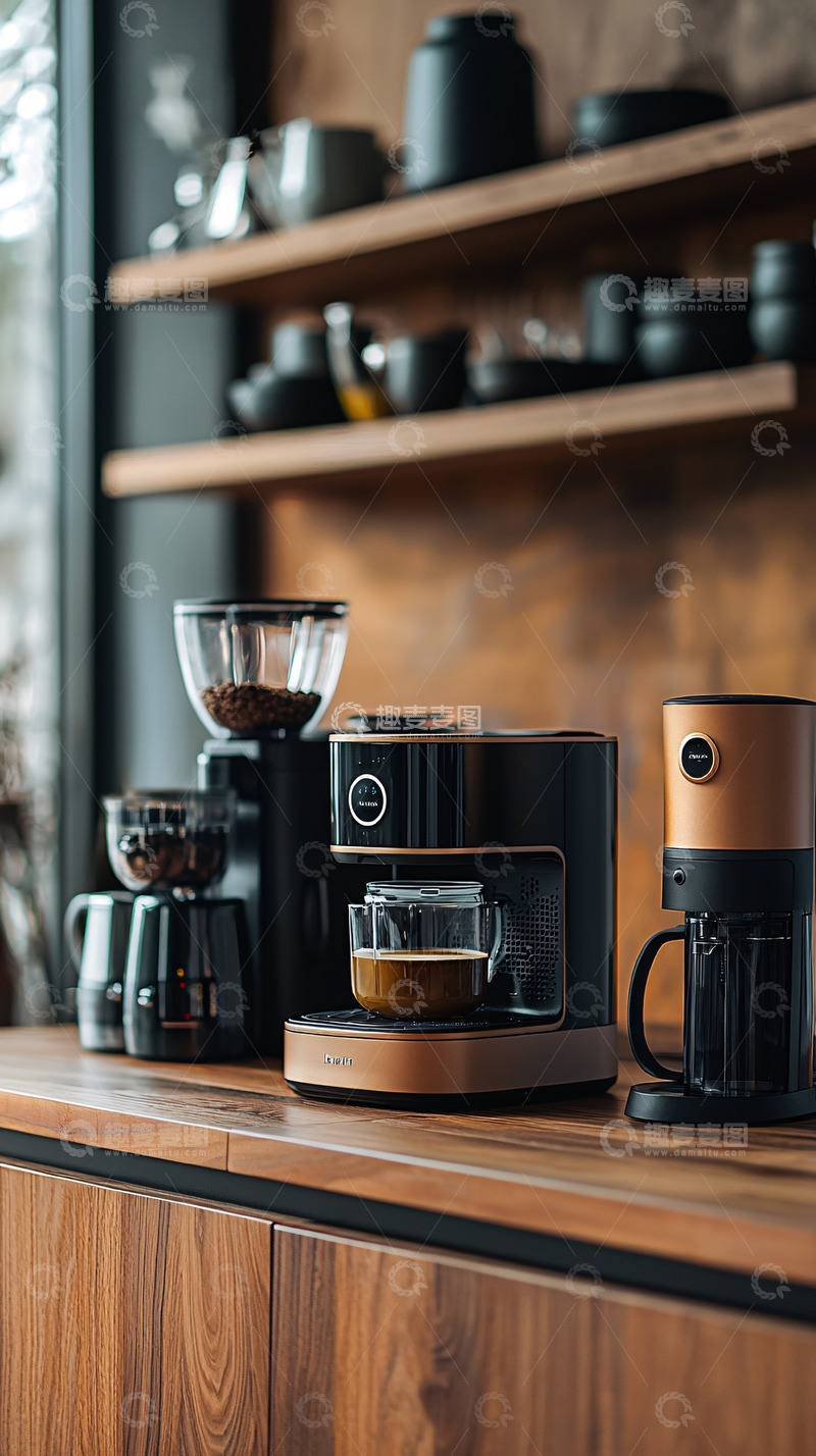 高清大图下载【趣麦麦图】现代厨房台面上的咖啡机