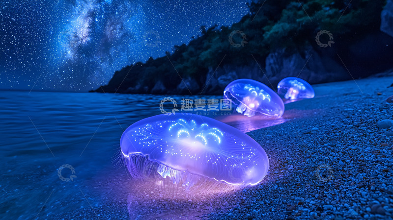 高清大图下载【趣麦麦图】海滩上发光的水母在星空下