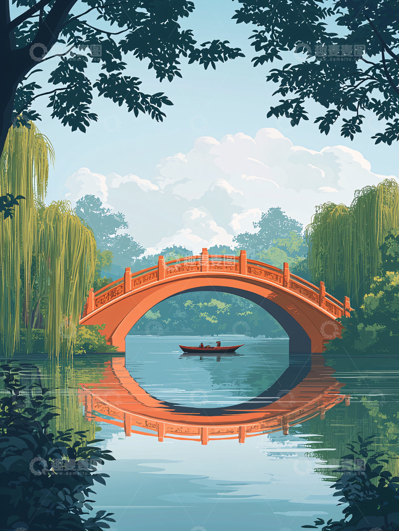 高清大图下载【趣麦麦图】湖面上的红桥