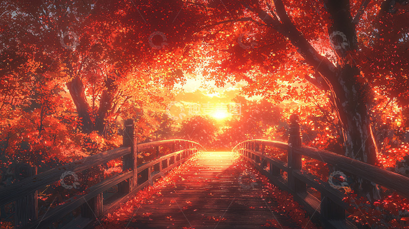 高清大图下载【趣麦麦图】秋日红叶下的桥