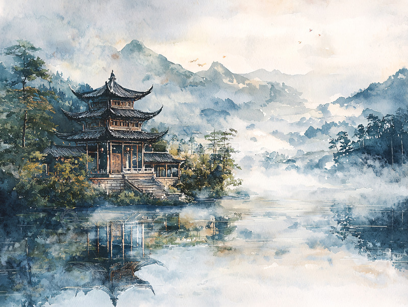 高清大图下载【趣麦麦图】水墨风山水亭台