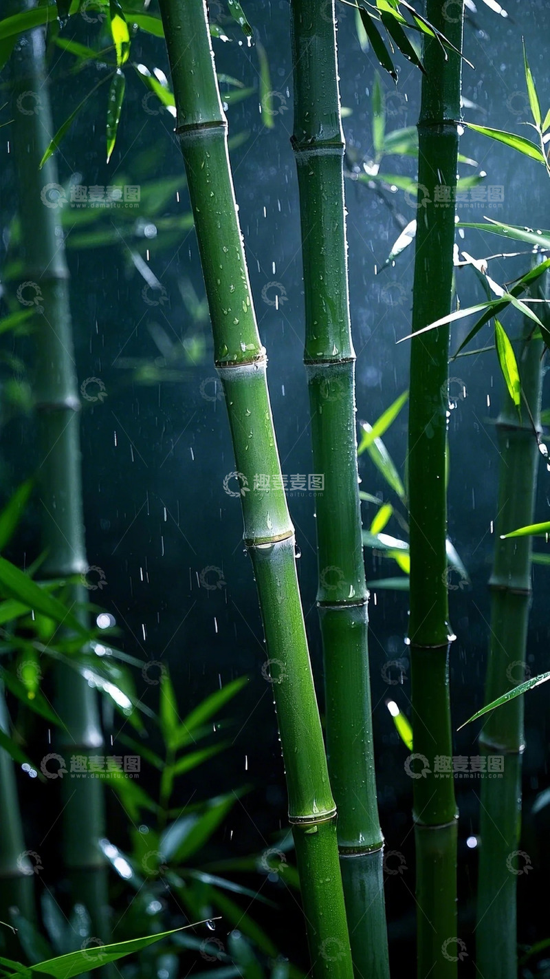 竹林竹节竹叶特写雨滴大雨3