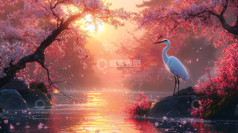 高清大图下载【趣麦麦图】樱花树下的白鹭