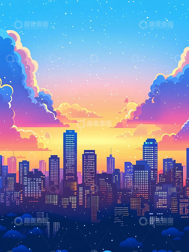高清大图下载【趣麦麦图】城市天际线与彩色天空