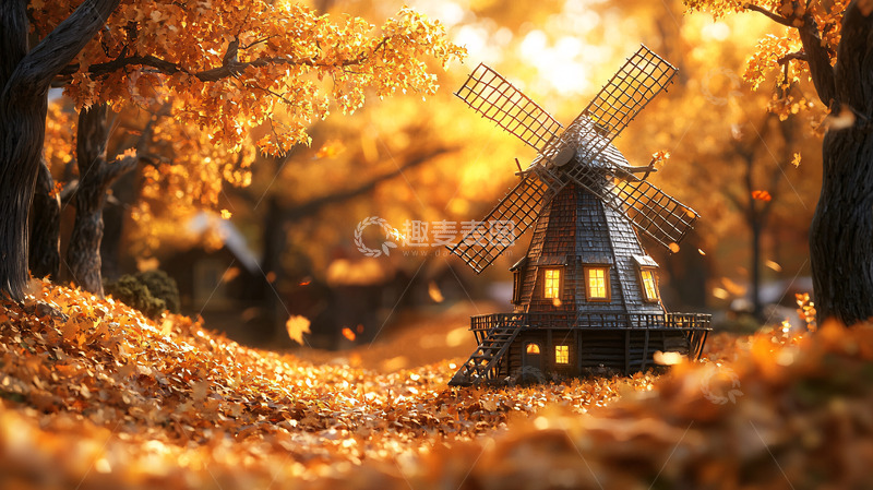 高清大图下载【趣麦麦图】秋日暖阳下的风车小屋