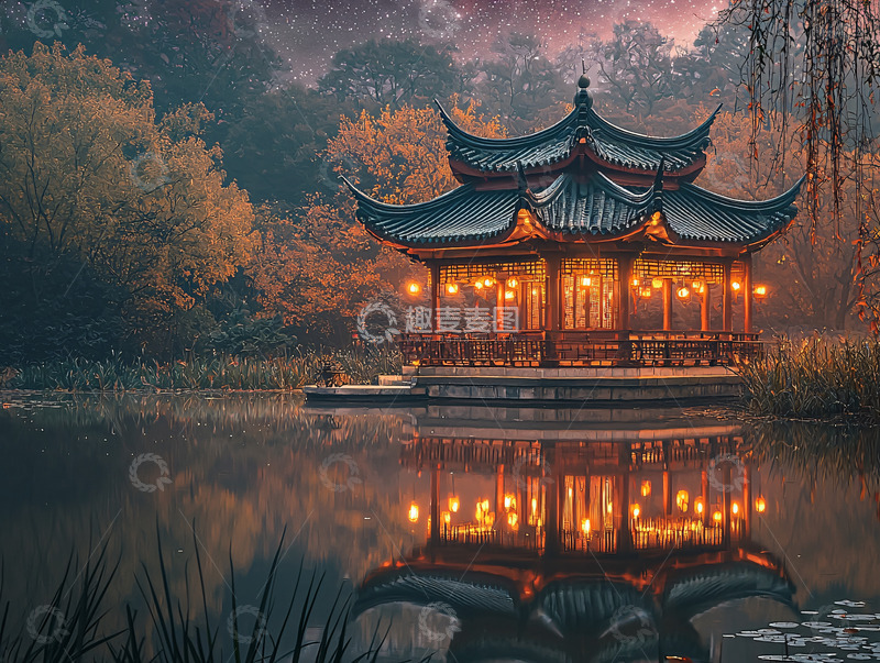 高清大图下载【趣麦麦图】湖边古风建筑倒影