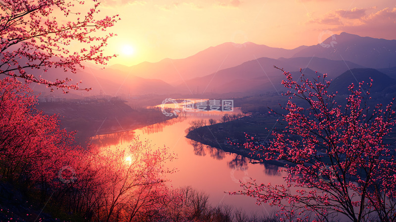 高清大图下载【趣麦麦图】唯美日落山水桃花景色