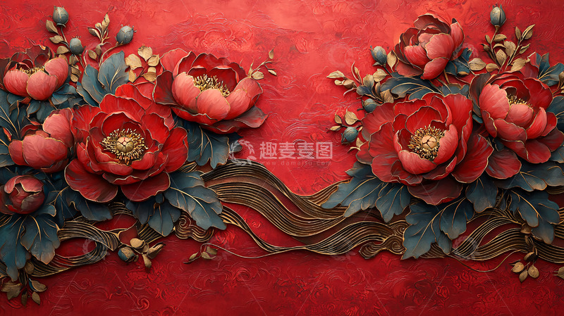 高清大图下载【趣麦麦图】红色牡丹花纹背景