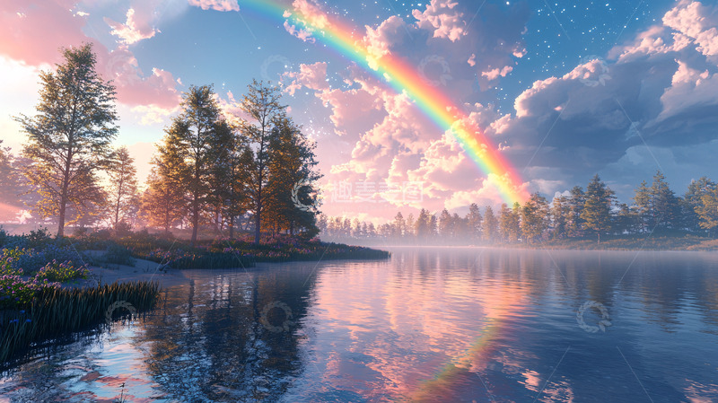 高清大图下载【趣麦麦图】绚丽彩虹下的湖光山色