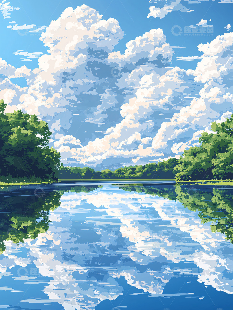 高清大图下载【趣麦麦图】宁静湖面上的天空和云朵