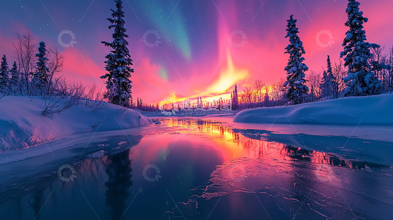 高清大图下载【趣麦麦图】极光映衬下的冰雪河流