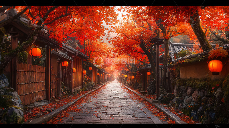 高清大图下载【趣麦麦图】秋日红叶灯笼小路