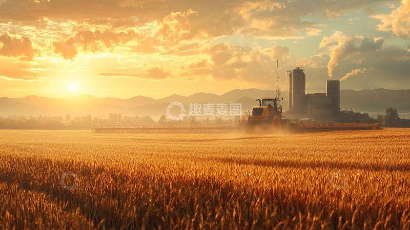 高清大图下载【趣麦麦图】麦田日出工厂剪影