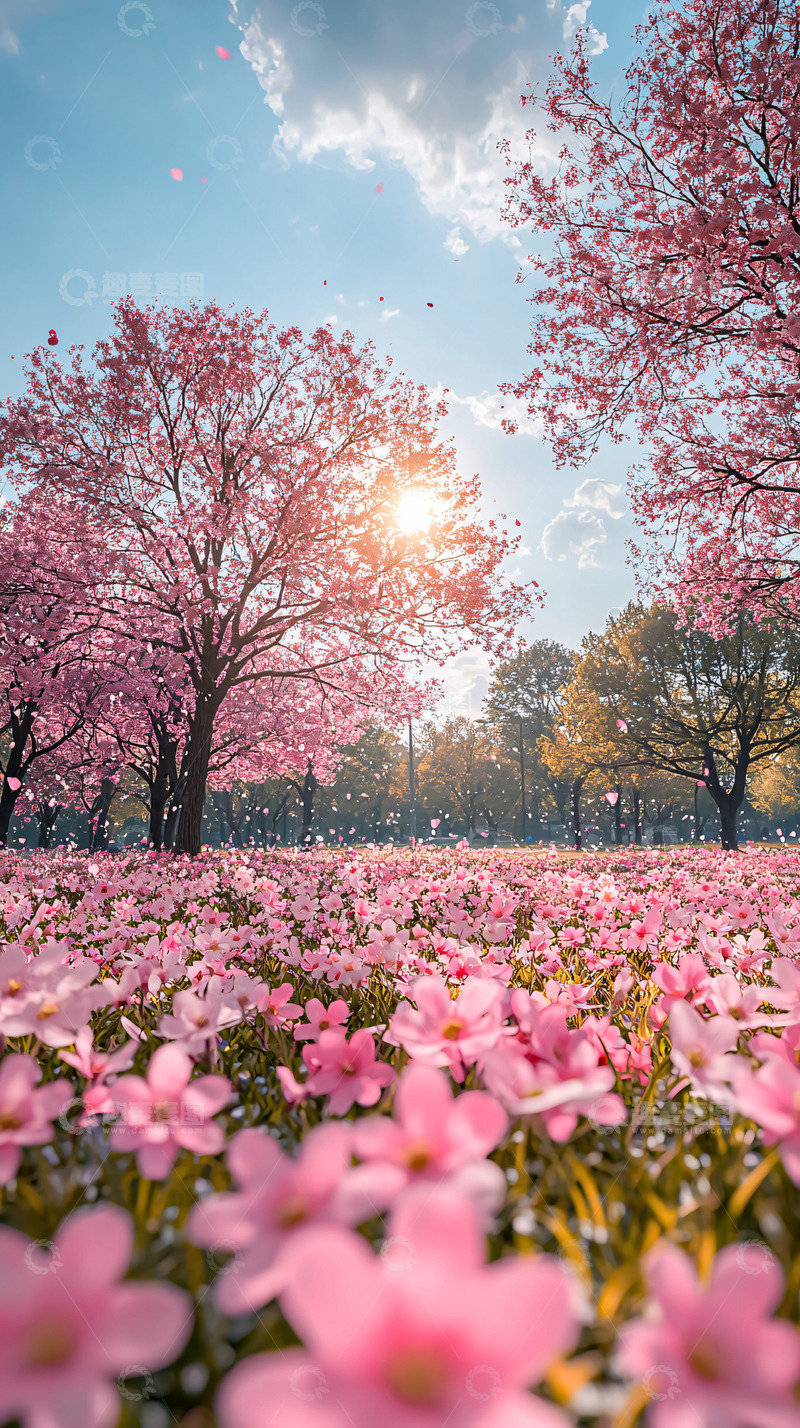 高清大图下载【趣麦麦图】樱花树下的粉色花海