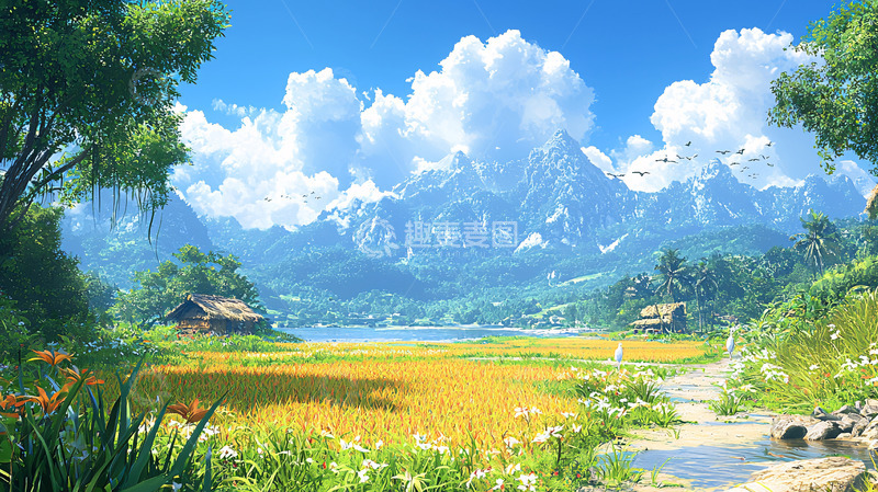 高清大图下载【趣麦麦图】稻田山景祥云