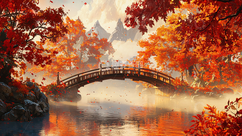 高清大图下载【趣麦麦图】秋日红叶下的宁静桥梁