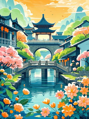 乌镇夕阳余晖插画图