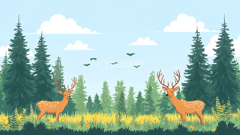 高清大图下载【趣麦麦图】两只鹿在森林草地