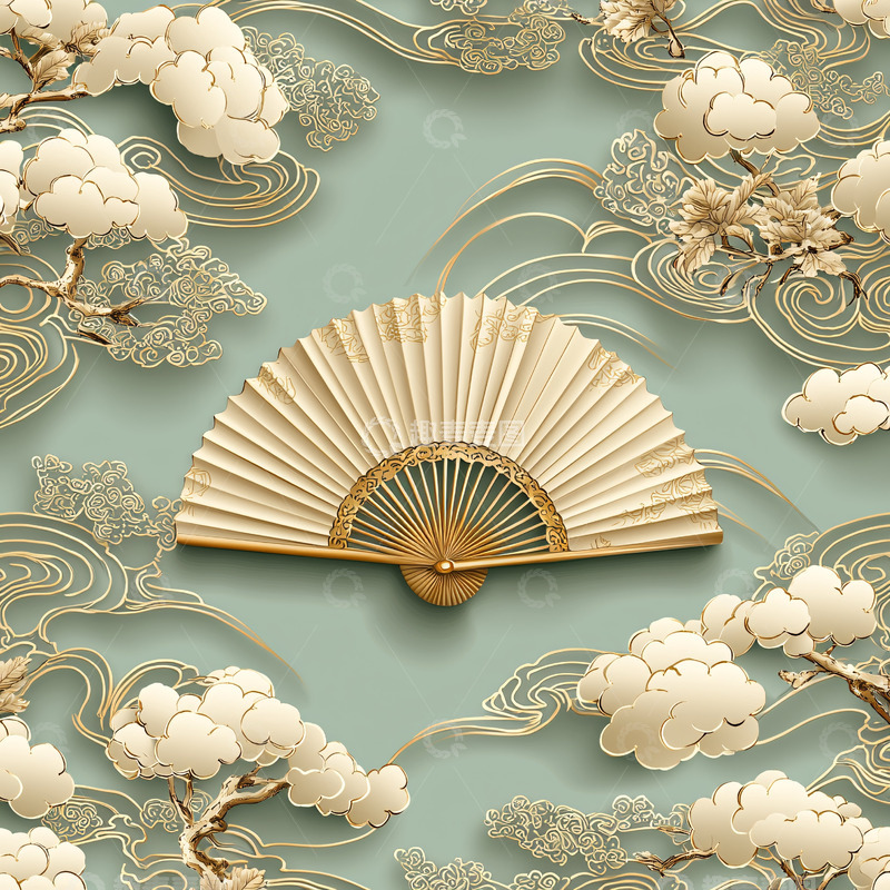 高清大图下载【趣麦麦图】折扇与祥云松树的意境