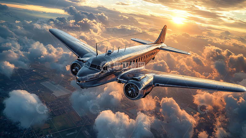 高清大图下载【趣麦麦图】复古飞机云端飞行