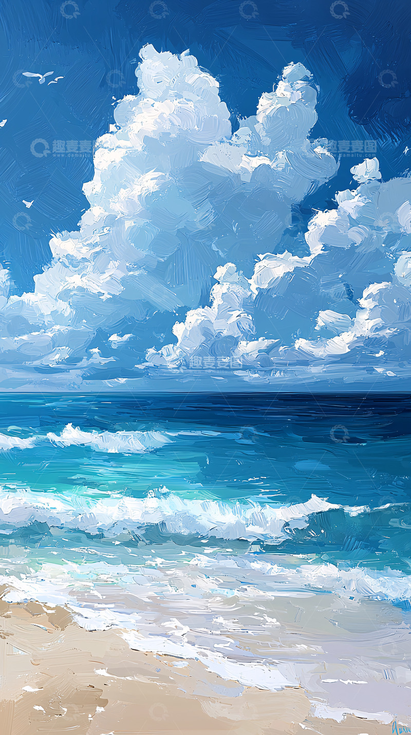 高清大图下载【趣麦麦图】海边蓝天白云油画风格