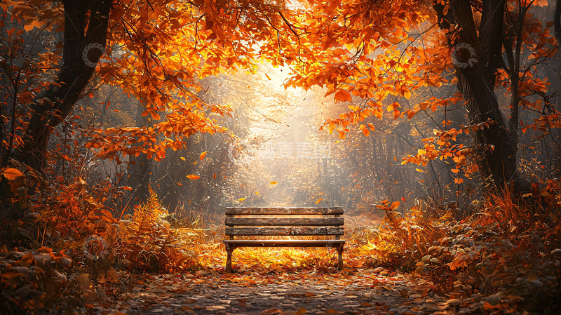 高清大图下载【趣麦麦图】秋日森林长椅