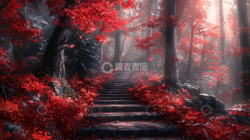 高清大图下载【趣麦麦图】红叶覆盖的林间小路