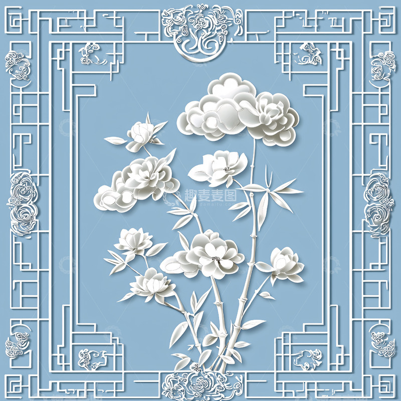 高清大图下载【趣麦麦图】蓝色背景下的立体花卉