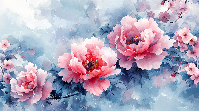 高清大图下载【趣麦麦图】粉色牡丹花水彩画