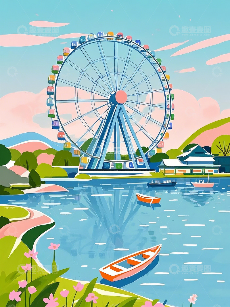 高清大图下载【趣麦麦图】春日游乐园摩天轮游玩图