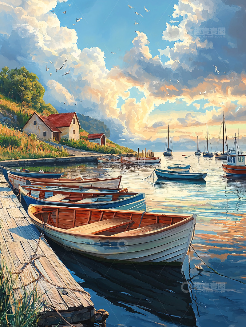 高清大图下载【趣麦麦图】宁静海边小镇的画作