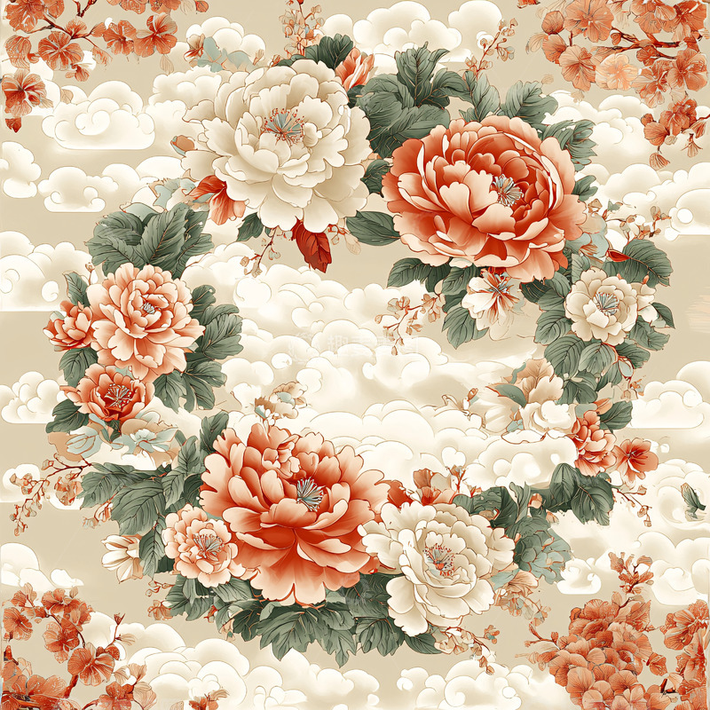 高清大图下载【趣麦麦图】牡丹花环绕祥云的纹样