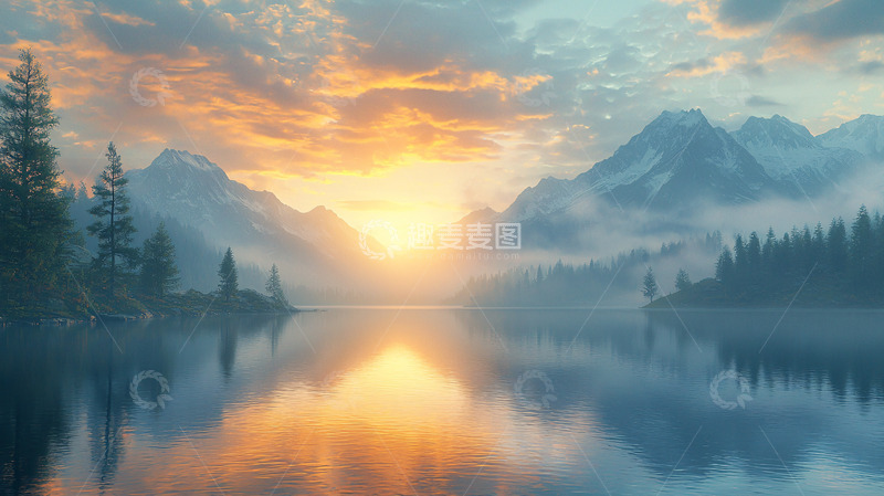 高清大图下载【趣麦麦图】宁静湖面上的日出美景