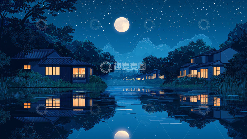 高清大图下载【趣麦麦图】宁静的月夜湖畔小屋